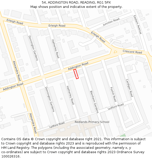 54, ADDINGTON ROAD, READING, RG1 5PX: Location map and indicative extent of plot