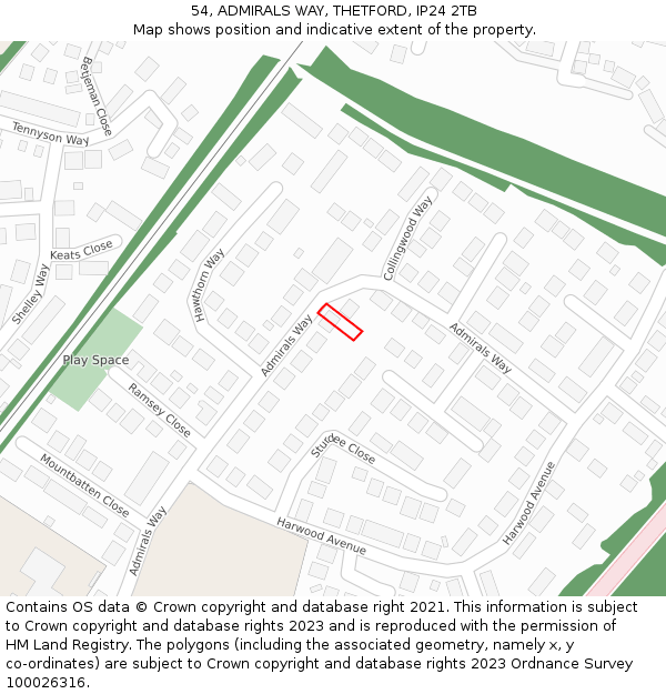 54, ADMIRALS WAY, THETFORD, IP24 2TB: Location map and indicative extent of plot