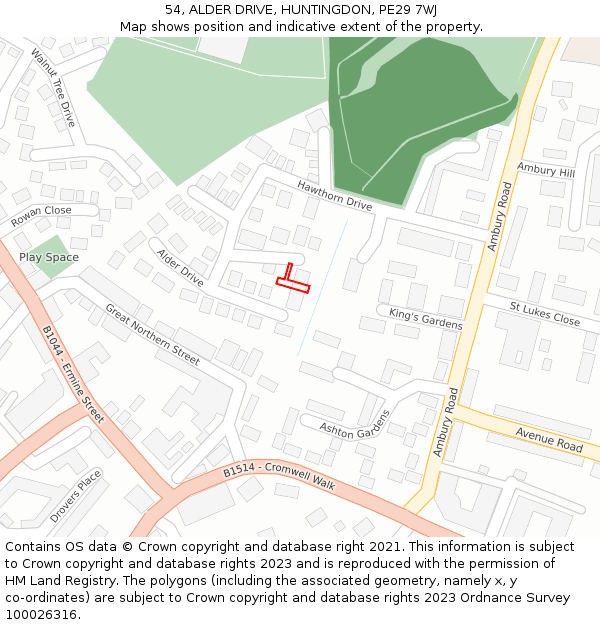 54, ALDER DRIVE, HUNTINGDON, PE29 7WJ: Location map and indicative extent of plot