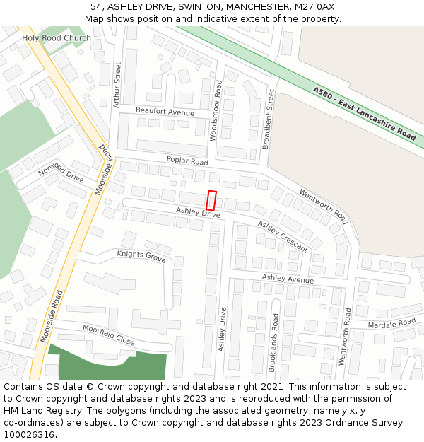 54, ASHLEY DRIVE, SWINTON, MANCHESTER, M27 0AX: Location map and indicative extent of plot