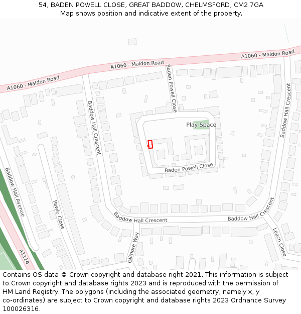 54, BADEN POWELL CLOSE, GREAT BADDOW, CHELMSFORD, CM2 7GA: Location map and indicative extent of plot