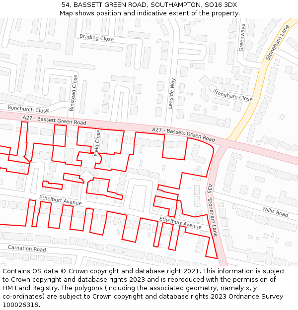 54, BASSETT GREEN ROAD, SOUTHAMPTON, SO16 3DX: Location map and indicative extent of plot