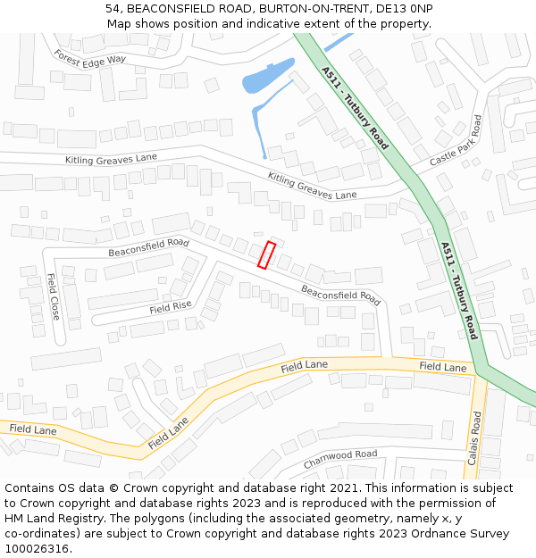 54, BEACONSFIELD ROAD, BURTON-ON-TRENT, DE13 0NP: Location map and indicative extent of plot