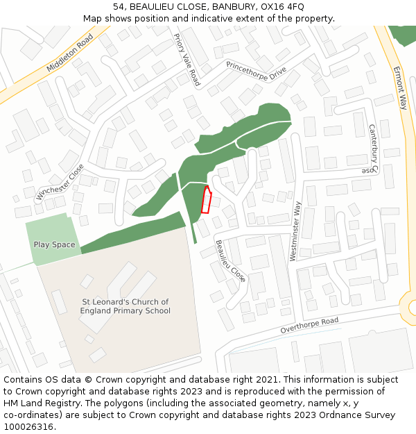 54, BEAULIEU CLOSE, BANBURY, OX16 4FQ: Location map and indicative extent of plot