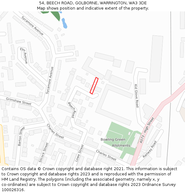 54, BEECH ROAD, GOLBORNE, WARRINGTON, WA3 3DE: Location map and indicative extent of plot