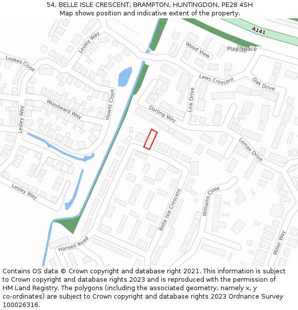 54, BELLE ISLE CRESCENT, BRAMPTON, HUNTINGDON, PE28 4SH: Location map and indicative extent of plot