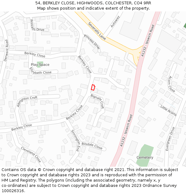 54, BERKLEY CLOSE, HIGHWOODS, COLCHESTER, CO4 9RR: Location map and indicative extent of plot