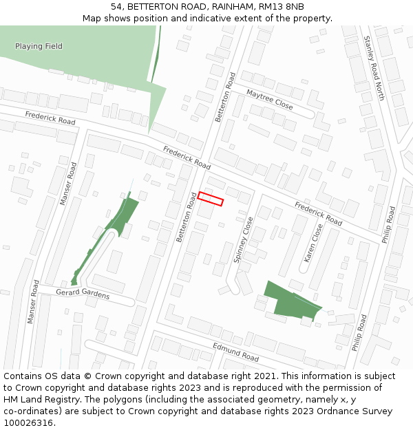 54, BETTERTON ROAD, RAINHAM, RM13 8NB: Location map and indicative extent of plot