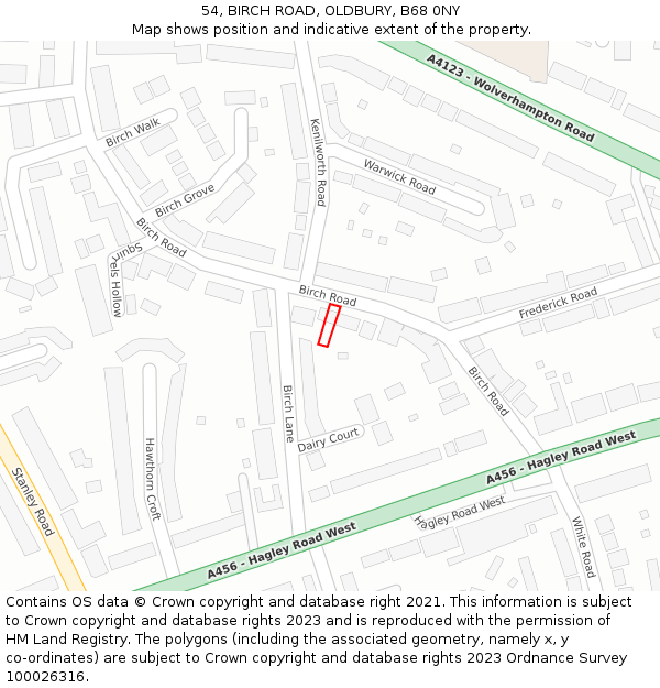 54, BIRCH ROAD, OLDBURY, B68 0NY: Location map and indicative extent of plot