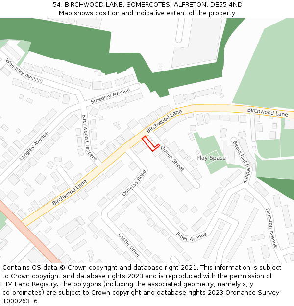 54, BIRCHWOOD LANE, SOMERCOTES, ALFRETON, DE55 4ND: Location map and indicative extent of plot