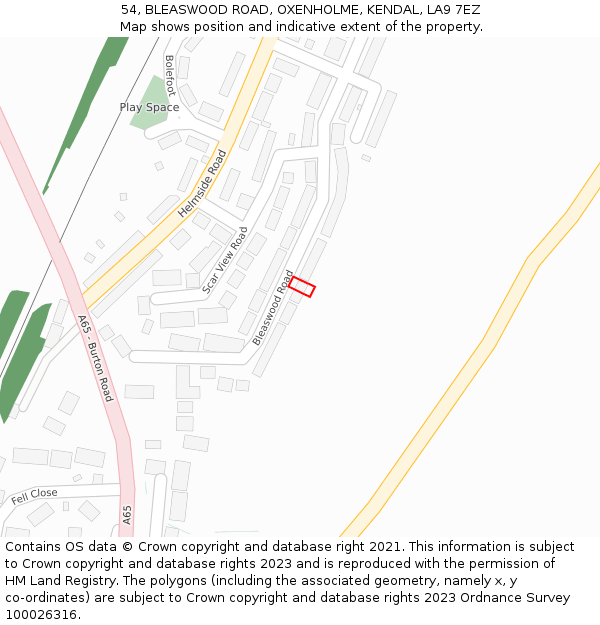 54, BLEASWOOD ROAD, OXENHOLME, KENDAL, LA9 7EZ: Location map and indicative extent of plot