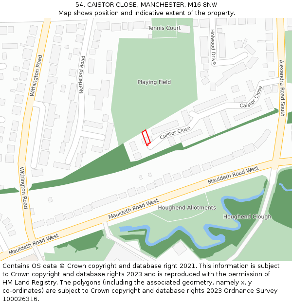 54, CAISTOR CLOSE, MANCHESTER, M16 8NW: Location map and indicative extent of plot