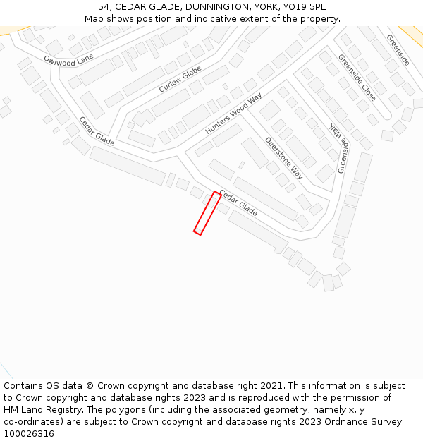 54, CEDAR GLADE, DUNNINGTON, YORK, YO19 5PL: Location map and indicative extent of plot