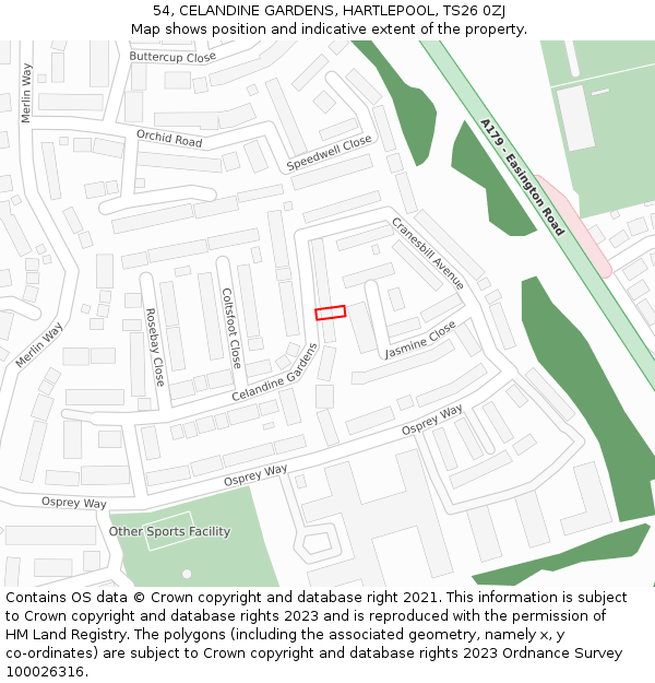 54, CELANDINE GARDENS, HARTLEPOOL, TS26 0ZJ: Location map and indicative extent of plot