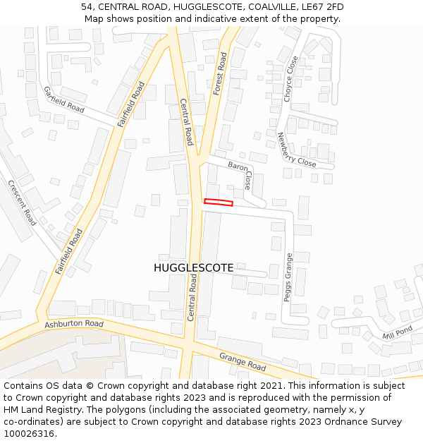 54, CENTRAL ROAD, HUGGLESCOTE, COALVILLE, LE67 2FD: Location map and indicative extent of plot