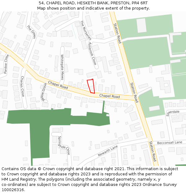 54, CHAPEL ROAD, HESKETH BANK, PRESTON, PR4 6RT: Location map and indicative extent of plot