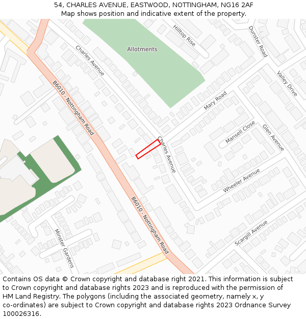 54, CHARLES AVENUE, EASTWOOD, NOTTINGHAM, NG16 2AF: Location map and indicative extent of plot