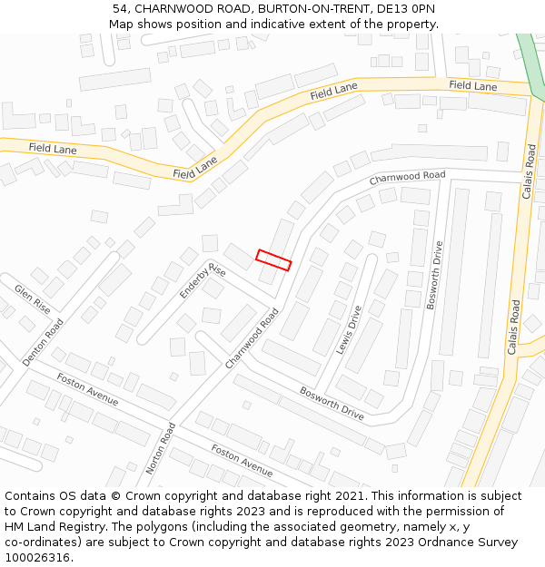 54, CHARNWOOD ROAD, BURTON-ON-TRENT, DE13 0PN: Location map and indicative extent of plot