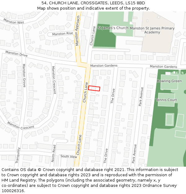 54, CHURCH LANE, CROSSGATES, LEEDS, LS15 8BD: Location map and indicative extent of plot
