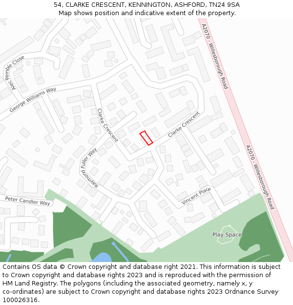 54, CLARKE CRESCENT, KENNINGTON, ASHFORD, TN24 9SA: Location map and indicative extent of plot