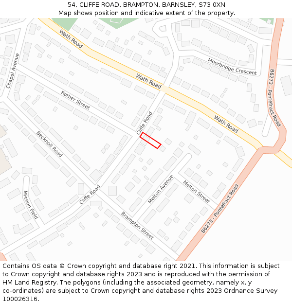 54, CLIFFE ROAD, BRAMPTON, BARNSLEY, S73 0XN: Location map and indicative extent of plot