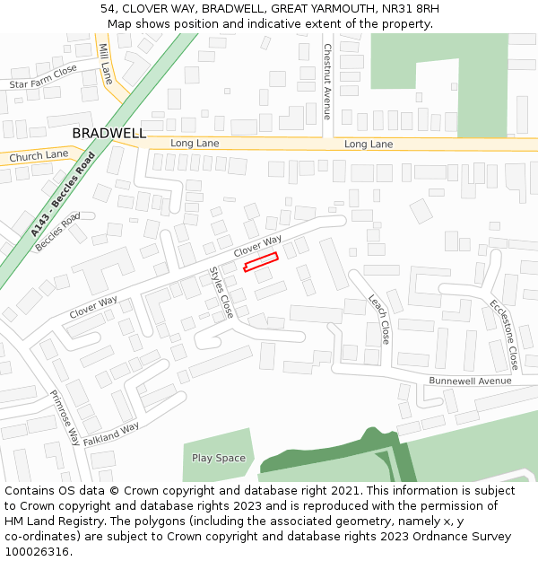54, CLOVER WAY, BRADWELL, GREAT YARMOUTH, NR31 8RH: Location map and indicative extent of plot