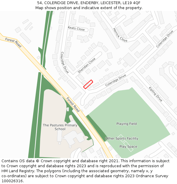 54, COLERIDGE DRIVE, ENDERBY, LEICESTER, LE19 4QF: Location map and indicative extent of plot