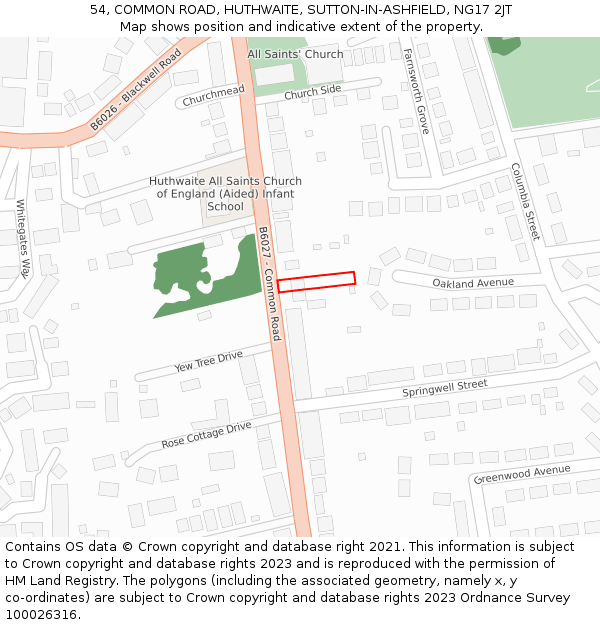 54, COMMON ROAD, HUTHWAITE, SUTTON-IN-ASHFIELD, NG17 2JT: Location map and indicative extent of plot