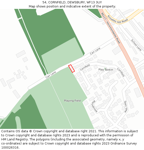 54, CORNFIELD, DEWSBURY, WF13 3UY: Location map and indicative extent of plot