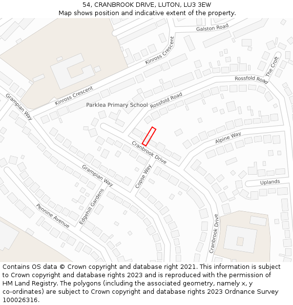 54, CRANBROOK DRIVE, LUTON, LU3 3EW: Location map and indicative extent of plot