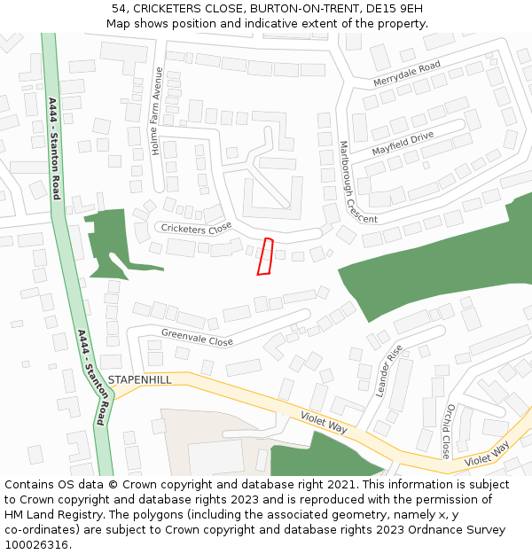 54, CRICKETERS CLOSE, BURTON-ON-TRENT, DE15 9EH: Location map and indicative extent of plot