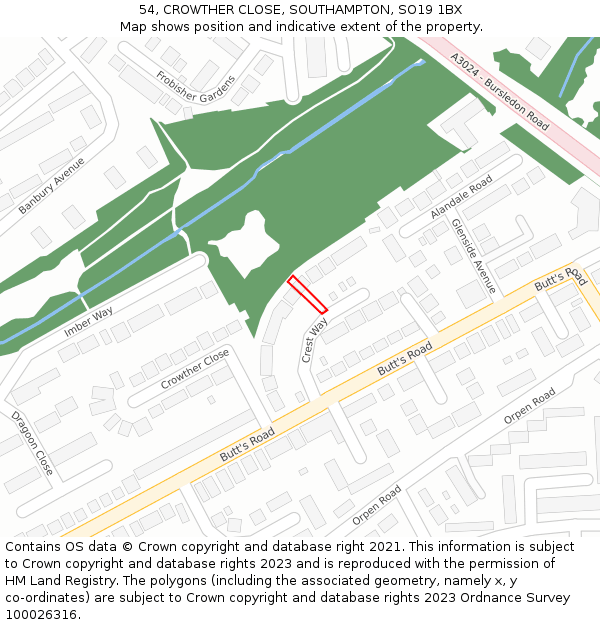 54, CROWTHER CLOSE, SOUTHAMPTON, SO19 1BX: Location map and indicative extent of plot