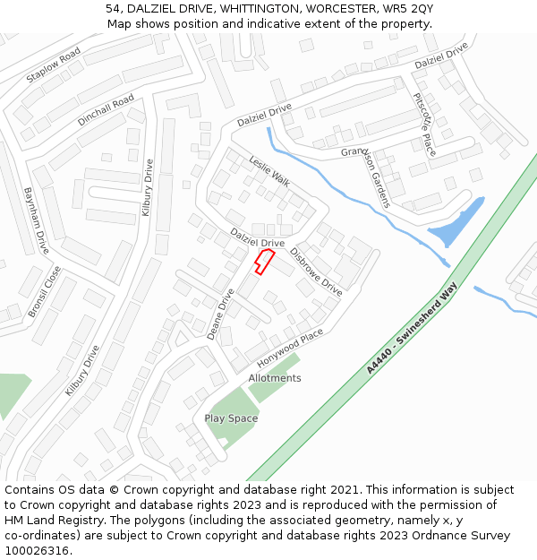 54, DALZIEL DRIVE, WHITTINGTON, WORCESTER, WR5 2QY: Location map and indicative extent of plot