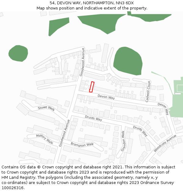 54, DEVON WAY, NORTHAMPTON, NN3 6DX: Location map and indicative extent of plot