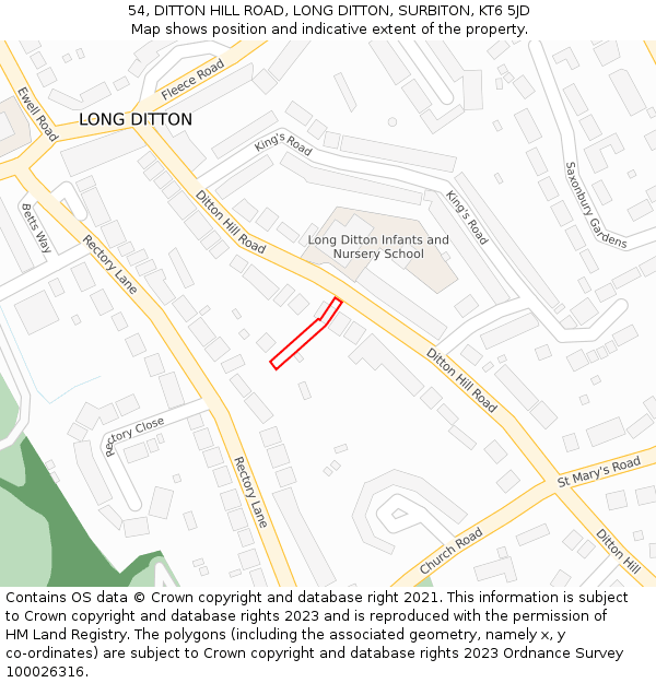 54, DITTON HILL ROAD, LONG DITTON, SURBITON, KT6 5JD: Location map and indicative extent of plot