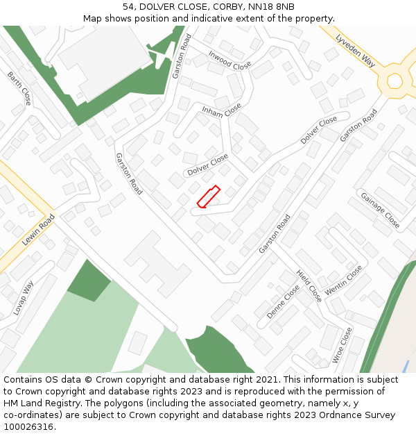 54, DOLVER CLOSE, CORBY, NN18 8NB: Location map and indicative extent of plot