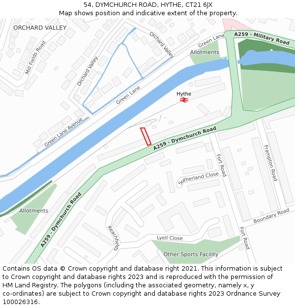 54, DYMCHURCH ROAD, HYTHE, CT21 6JX: Location map and indicative extent of plot