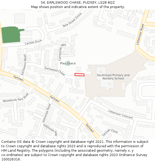 54, EARLSWOOD CHASE, PUDSEY, LS28 8QZ: Location map and indicative extent of plot