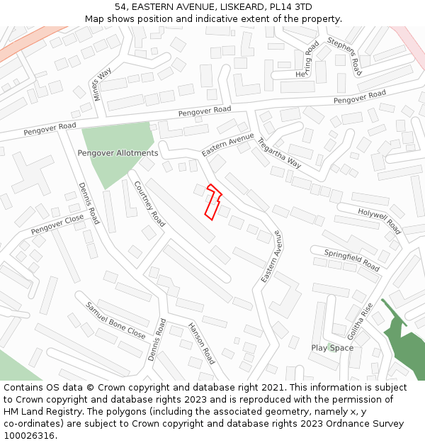 54, EASTERN AVENUE, LISKEARD, PL14 3TD: Location map and indicative extent of plot