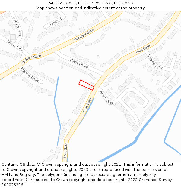 54, EASTGATE, FLEET, SPALDING, PE12 8ND: Location map and indicative extent of plot
