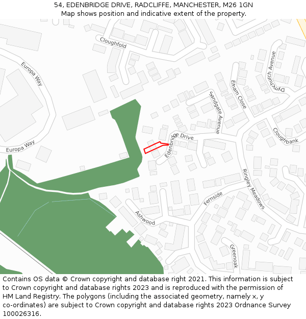 54, EDENBRIDGE DRIVE, RADCLIFFE, MANCHESTER, M26 1GN: Location map and indicative extent of plot