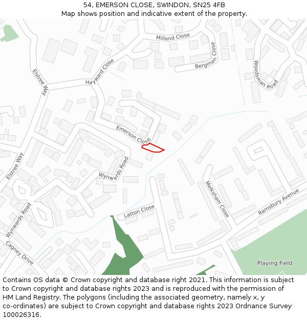 54, EMERSON CLOSE, SWINDON, SN25 4FB: Location map and indicative extent of plot
