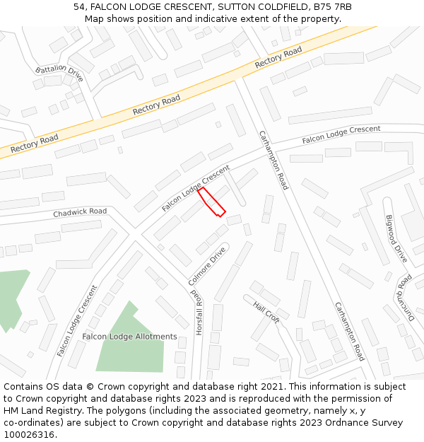 54, FALCON LODGE CRESCENT, SUTTON COLDFIELD, B75 7RB: Location map and indicative extent of plot
