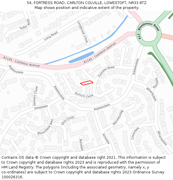54, FORTRESS ROAD, CARLTON COLVILLE, LOWESTOFT, NR33 8TZ: Location map and indicative extent of plot