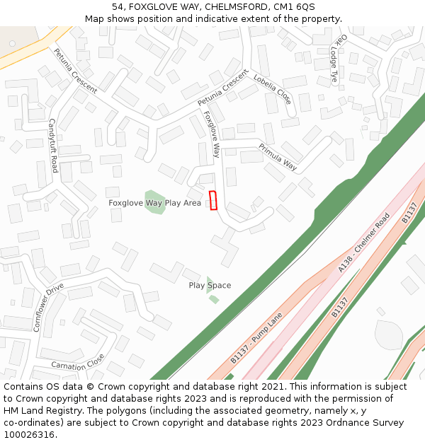 54, FOXGLOVE WAY, CHELMSFORD, CM1 6QS: Location map and indicative extent of plot