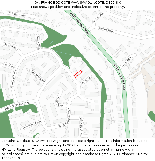 54, FRANK BODICOTE WAY, SWADLINCOTE, DE11 8JX: Location map and indicative extent of plot