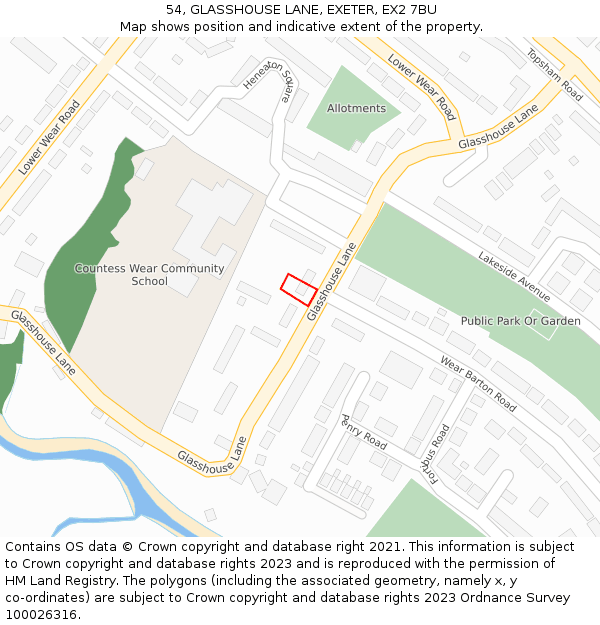 54, GLASSHOUSE LANE, EXETER, EX2 7BU: Location map and indicative extent of plot