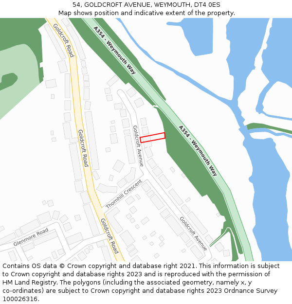 54, GOLDCROFT AVENUE, WEYMOUTH, DT4 0ES: Location map and indicative extent of plot