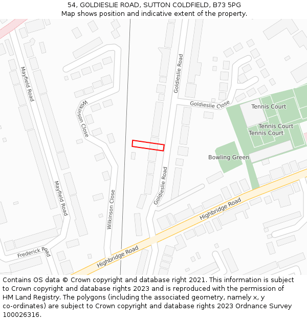 54, GOLDIESLIE ROAD, SUTTON COLDFIELD, B73 5PG: Location map and indicative extent of plot