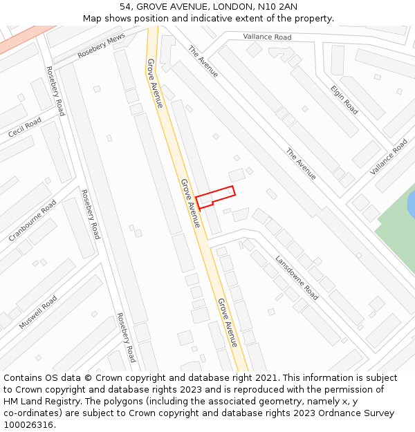 54, GROVE AVENUE, LONDON, N10 2AN: Location map and indicative extent of plot